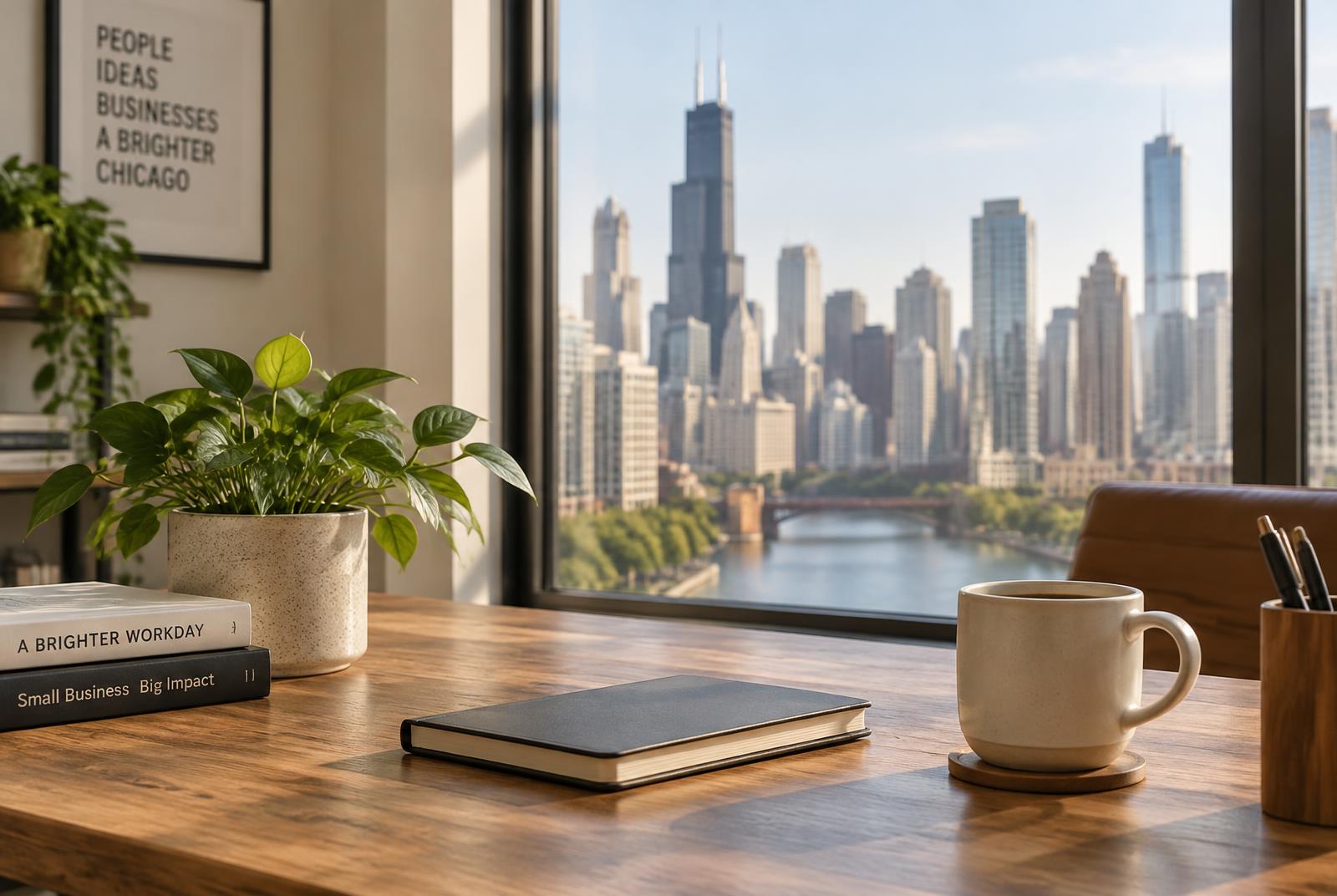 Office with the Chicago skyline and Chicago River in the background